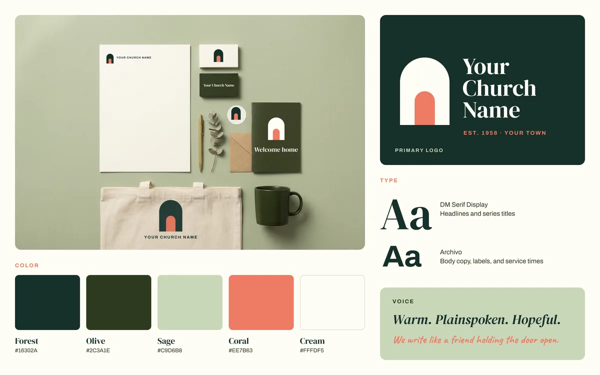 Draft brand board with an arch logo, stationery mockup, color palette, and type