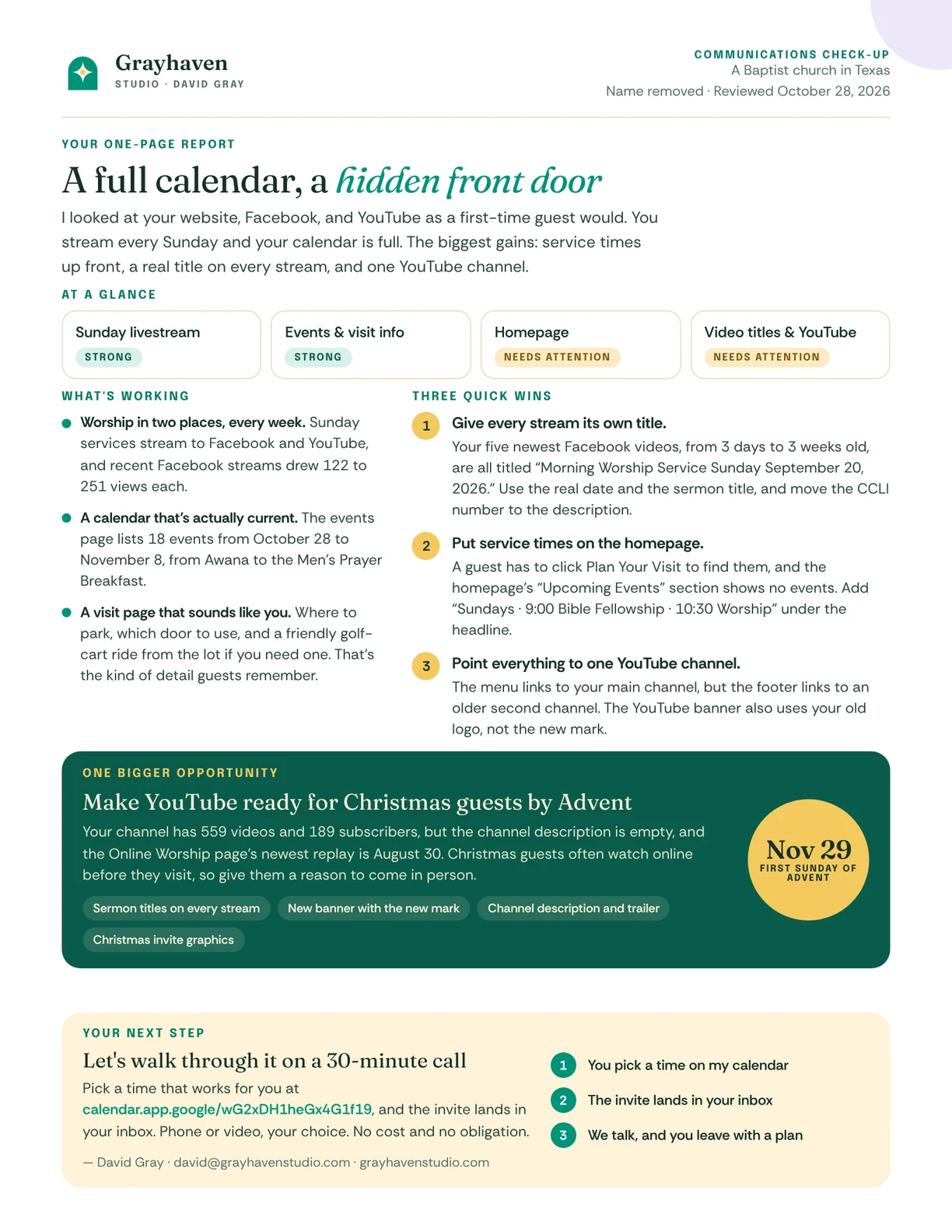 A one-page Grayhaven communications check-up for a Texas church: a full calendar, a hidden front door, with strengths, three quick wins, and an Advent opportunity