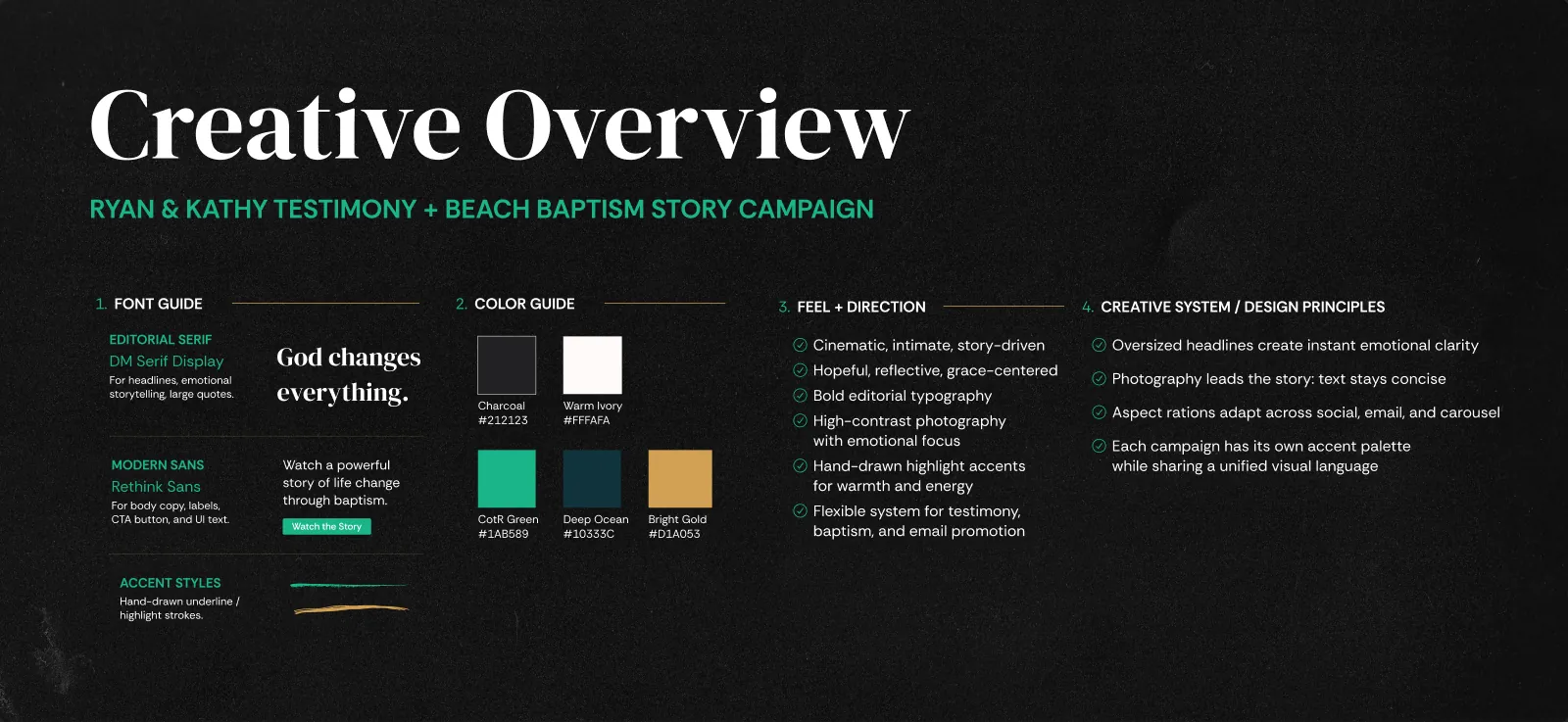 Creative overview: fonts, color guide, feel and direction, and design principles for the Church on the Rock campaign