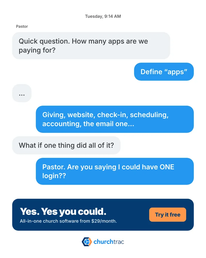 Ad: a text thread between a pastor and a church admin