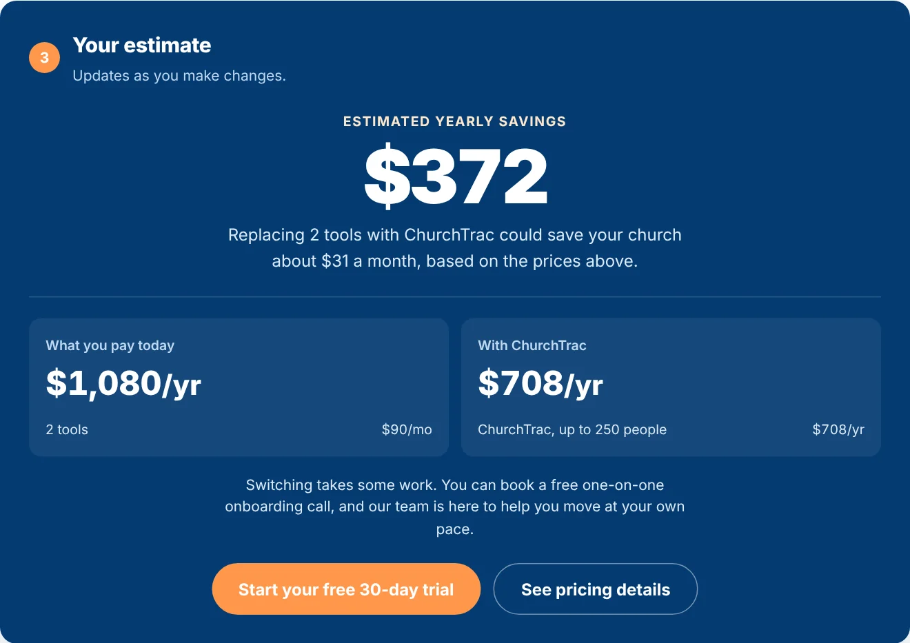 Savings calculator results panel with estimated yearly savings