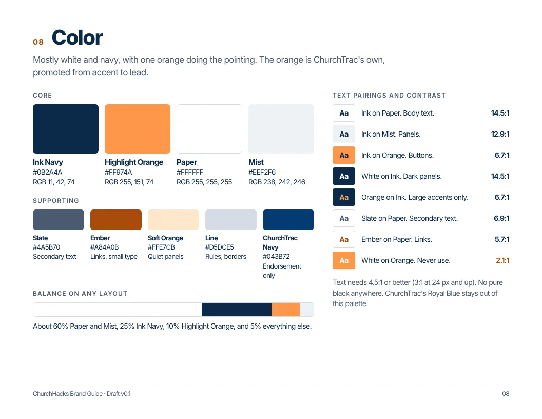Brand guide page: color palette with contrast checks