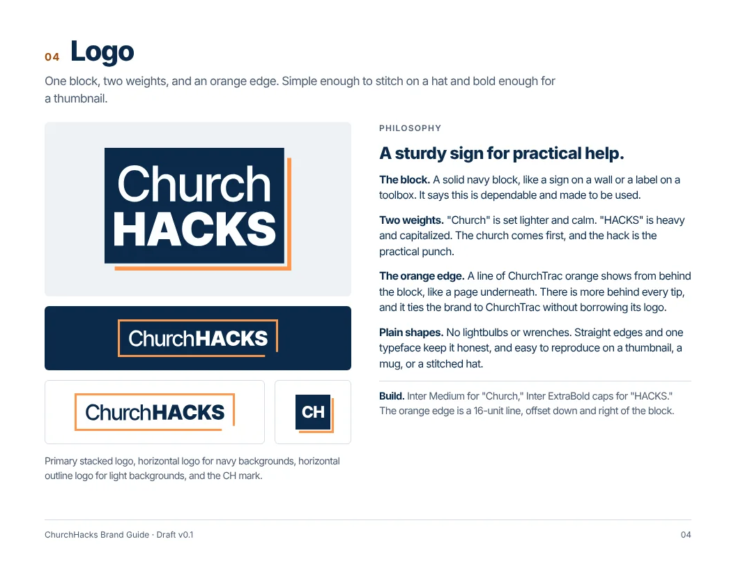 Brand guide page: logo and philosophy