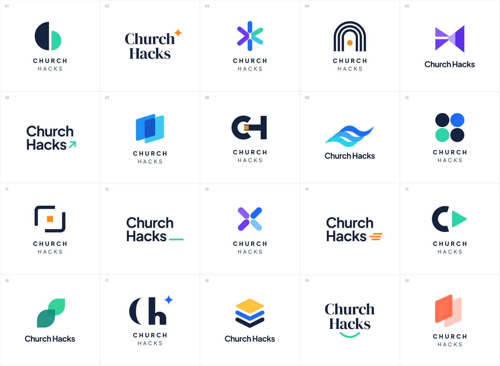 A grid of ChurchHacks logo explorations