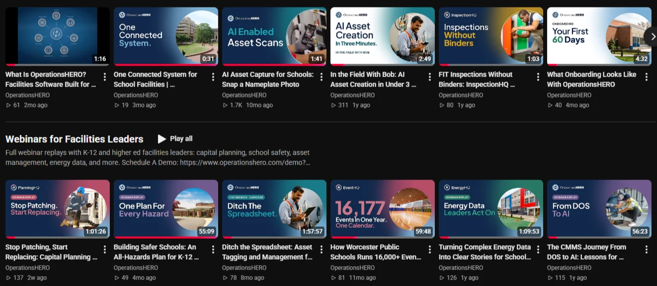 New OperationsHERO YouTube thumbnails for the Start Here and Webinars for Facilities Leaders playlists