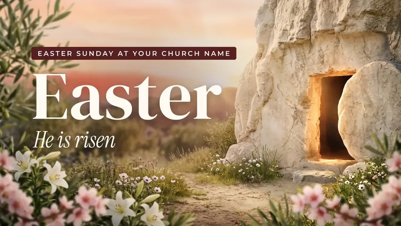 Easter title slide: Easter and He is risen beside an empty garden tomb at sunrise, with lilies and blossoms
