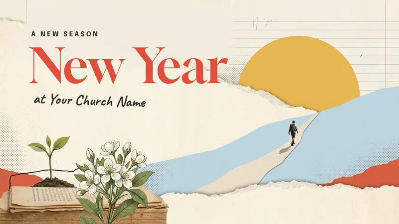 New Year series slide: coral New Year in a paper collage with a sun, a hiker on a path, and a seedling growing from old book pages