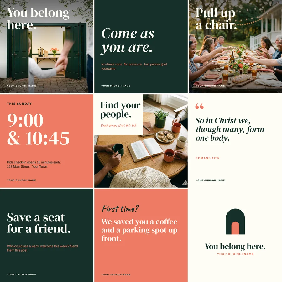 Draft nine-post Instagram grid for a You Belong Here church campaign